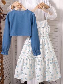 SHEIN 2pcs/Set Girls' Spring/Autumn Casual Knitted Ribbed Bow Decor Cardigan Top And Printed Spaghetti Strap Simple Dress, Fall Dresses - Blue - View 2