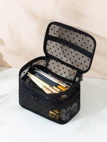 1 Leopard Print Black Mesh Double-Layer Cosmetic Bag, Portable, Double-Layer Large Capacity, Can Store Cosmetics And Makeup Tools, Suitable For Home And Out, Is The Ideal Choice For Women At Home. - Black - View 7