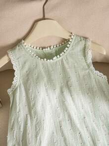 SHEIN Genkimix Kids 女童夏季法式鄉村風舒適3D提花面料荷葉邊無袖背心洋裝，適合日常穿著 - 綠色 - 查看 7