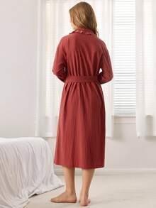 Ocili 女款拼接荷葉邊飾長袖休閒居家睡袍 - 酒紅色 - 查看 3
