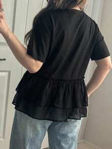 Dazy Plus Round Neck Contrast Color Letter Print Pattern Sleeve Patchwork Chiffon Hem Casual Versatile Black T-Shirt For Girls - Black - View 2