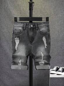 SHEIN Tween Boy Ripped Frayed Bleach Wash Denim Shorts - Grey - View 1