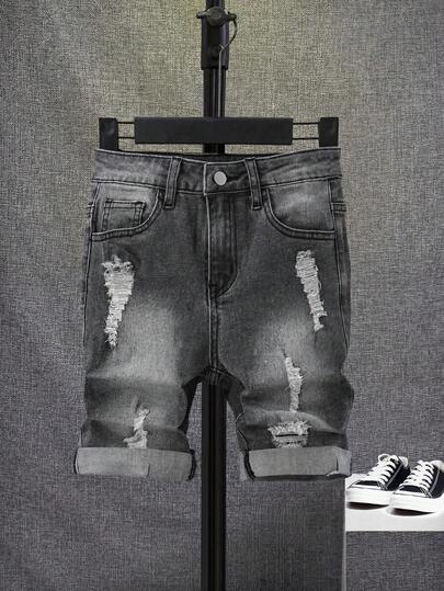 SHEIN Tween Boy Ripped Frayed Bleach Wash Denim Shorts