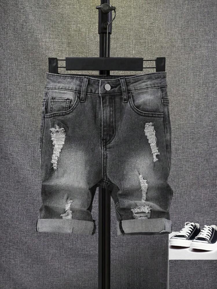 SHEIN 少年男孩磨損撕裂漂白水洗牛仔短褲 - 灰色 - 查看 1