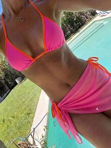 Swim Vcay 新款女式素色對比細肩帶掛脖綁帶高衩比基尼泳褲附側綁網紗裙 3件組 - 彩色 - 查看 1