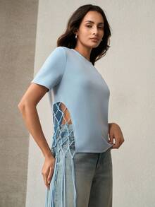 Anewsta Women's Fashion Casual Side Seam Patchwork Rhinestone Mesh Long Tassel Minimalist T-Shirt - Blue - View 4