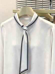 EMERY ROSE Blusa elegante blanca de manga larga para mujer, con cuello anudado y ribete de contraste estampado, ajuste regular, adecuada para vacaciones, desplazamientos, oficina, uso diario, todas las estaciones, versátil en blanco - Blanco - Ver 6