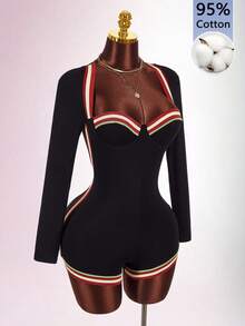 Amplova Underwire Cup Detail Fitted Long Sleeve Square Neck Flat Knit Colorful Mini Jumpsuit - Black - View 4