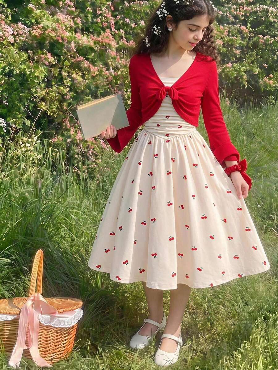 SHEIN Elladie kids Tween Girl Cute Elegant Sophisticated High-End Dress With Jacket Shawl, Pink Textured Knit High-Elastic Bowknot Slim-Fit Body-Conscious Dress, Long Sleeve 3D Bowknot Short Shawl - Red - View 1