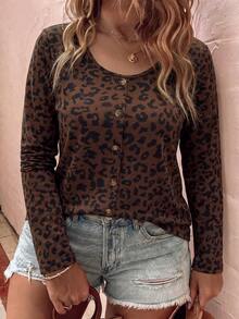 SHEIN LUNE Camiseta de manga larga para mujer de talla grande con estampado de leopardo, casual y versátil, nueva y de gran para otoño/invierno - Multicolor - Ver 4