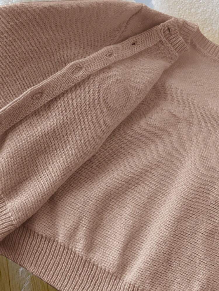 SHEIN Tween Girl Loose Casual Minimalist Comfortable Round Neck Open Front Solid Color Sweater - Khaki - View 3