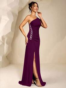Coutiva Elegant One-Shoulder Ruched Bust Slit Mermaid Evening Dress - Red Violet - View 3