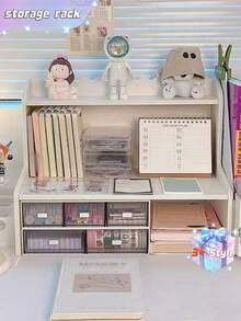 1 Double-Layer Height-Adjustable Desktop Shelf For Dormitory/Office Use, Organizing Cosmetics, Stationery, And Books. - White - View 7