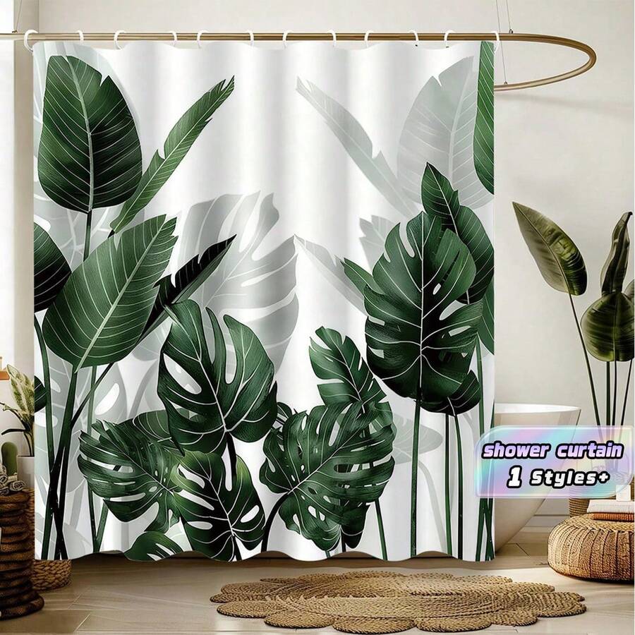 1pc Bright Green Leaf Pattern Shower Curtain - Waterproof, Polyester Woven Fabric, Leaf Pattern, Plant Theme, Machine Washable, Polyester Material, Does Not Block Light, Lightweight And Breathable - Green - View 1