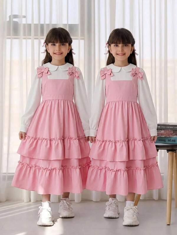 Vestido lindo con lazo y volantes rosa para niña preadolescente
