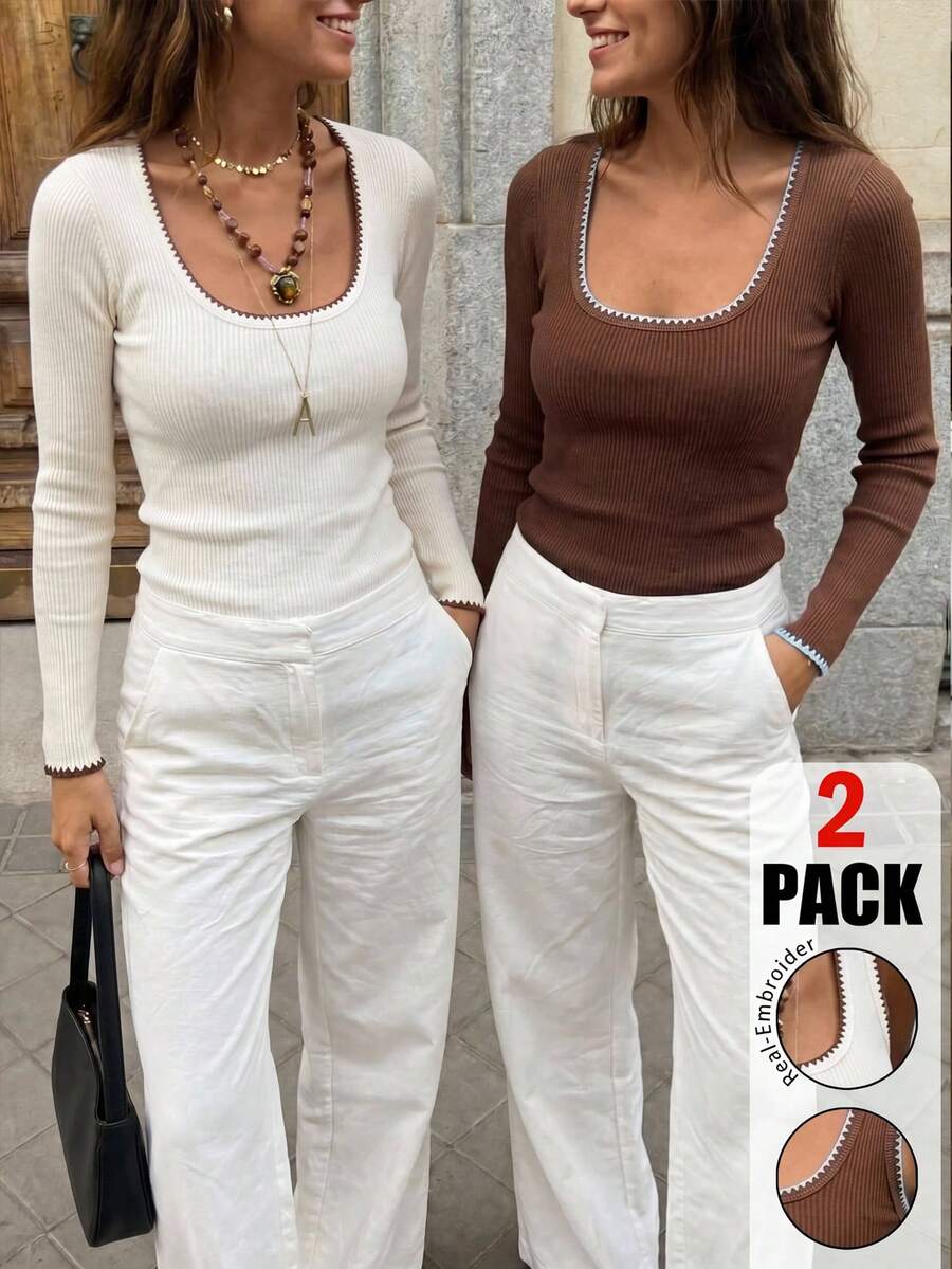 SHEIN EZwear 2件裝復古對比色方領細肩帶背心上衣,極簡百搭修身無袖針織T恤,貝殼刺繡針織面料,適合外出、通勤與校園穿著,秋季上衣,適用日常通勤、聚會、秋冬春夏、聖誕節、新年、感恩節、派對、婚禮、海灘、畢業典禮、優雅、約會 - 彩色 - 查看 1