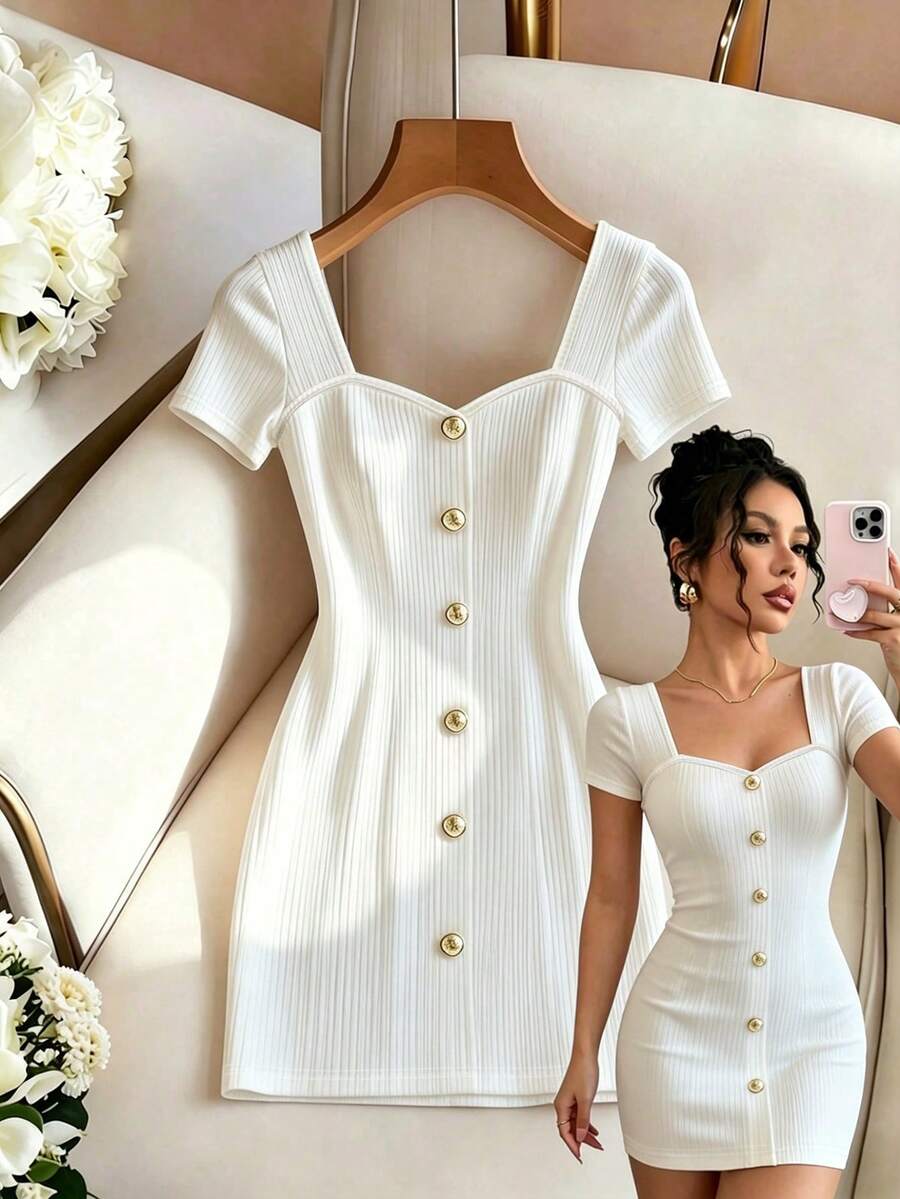 SHEIN Franclia Elegant Minimalist Ribbed Texture Slim Fit Waist-Cinching Button Decor Commute College Party Date Romantic Vacation Dress For Women - White - View 1