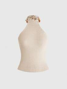 ROMWE Top tricoté femme blanc sexy et décontracté, dos nu, col licou, décor perles en bois, style vacances hot girl, pour soirée et rendez-vous d'été - Jaune citron - Voir 1