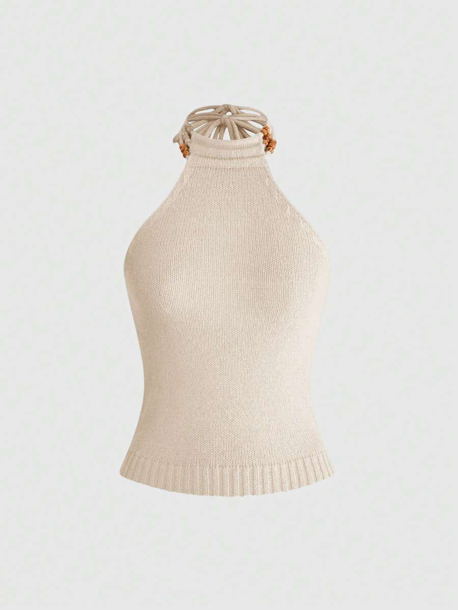 ROMWE Top tricoté femme blanc sexy et décontracté, dos nu, col licou, décor perles en bois, style vacances hot girl, pour soirée et rendez-vous d'été - Jaune citron - Voir 1