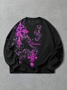 ROMWE MEN Goth 男士華夫格面料哥德式十字印花套頭運動衫，適合秋冬日常穿著 - 黑色 - View 1