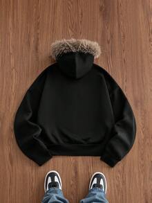 SWAVVY 男士針織時尚休閒寬鬆版型長袖連帽衫，附英文刺繡 - 黑色 - 查看 2