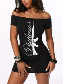 ROMWE Grunge Punk Summer Outfits Music Festival Punk Slogan Print Off Shoulder Fitted Mini Dress - Black - View 1