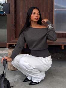 SHEIN BAE BAE Sweater Abu-abu Gelap Tanpa Bahu, Atasan Rajut Kasual Lengan Panjang untuk Kerja Musim Gugur, Sweater Abu-abu Gelap Tanpa Bahu, Kasual - Dark Grey - View 5