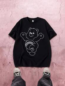 SHEIN X Care Bears تي شيرت رجالي بطبعة دب كرتوني لطيف بياقة دائرية وأكمام قصيرة - الأسود - مشاهدة 6