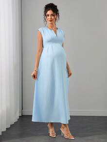 Momance 孕婦純色缺口V領短袖優雅性感洋裝 夏季女款休閒度假正式拍照外出穿搭 藍色 - 藍色 - 查看 4