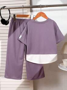 2pcs/Set Setelan Anak Perempuan Kasual Longgar Rajut Leher Bulat Motif Patchwork Kontras Warna Kaos dan Celana Panjang Lebar, Kembali ke Sekolah - Purple - View 2