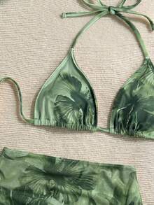 Soleia 女款夏季海灘花卉印花掛脖綁帶性感比基尼三角泳褲兩件式泳衣套裝附迷你裙 - 軍綠色 - 查看 3