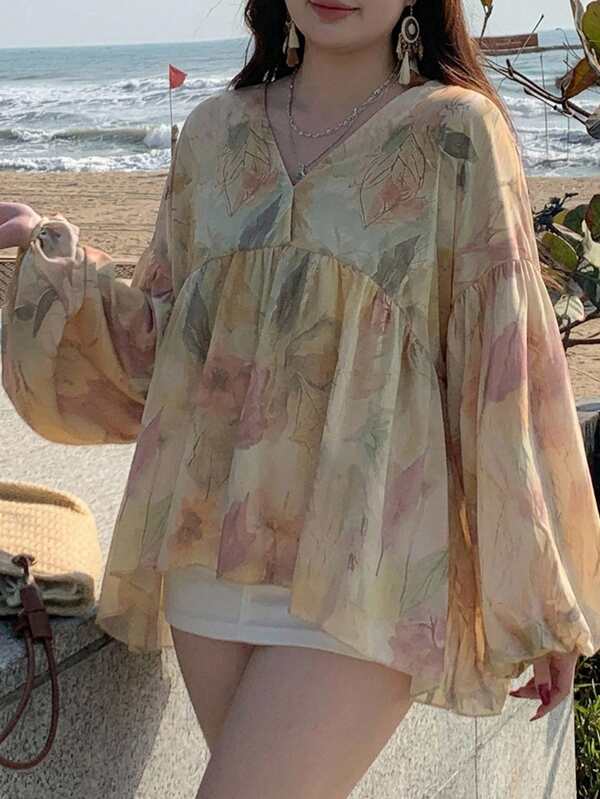 Dazy Plus Floral Print Loose Long Sleeve Round Neck Vacation Casual Spring Summer Autumn Pullover Elegant Long Sleeve Blouse