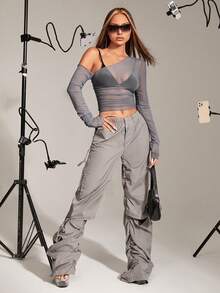 SHEIN ICON Grey Asymmetrical Neck Sheer Mesh Perspective Top Without Bra - Grey - View 8