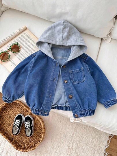 SHEIN Grey Knit Hooded Blue Denim Long Sleeve Jacket For Baby Girls