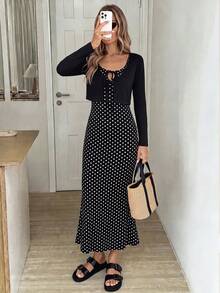 SHEIN LUNE Women's Casual Autumn/Winter Vacation Commute Basic Outfit Polka Dot Long Sleeve Tie-Front Top & Dress 2-Piece Set Fall Clothes Office Wear For Women - Black and White - View 5