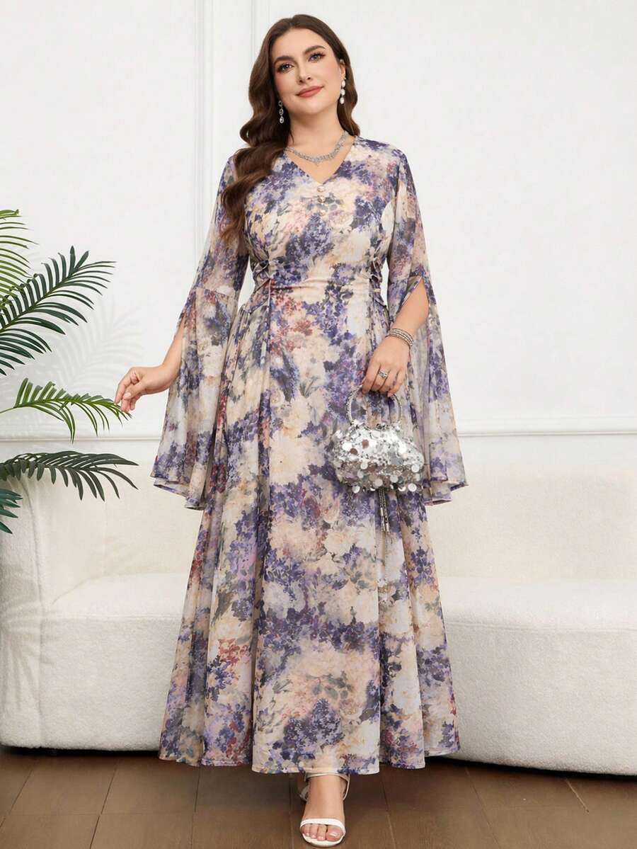 Reflora Gaun Elegan Lengan Panjang Motif Bunga dengan Belahan di Bagian Bawah untuk Wanita Ukuran Plus