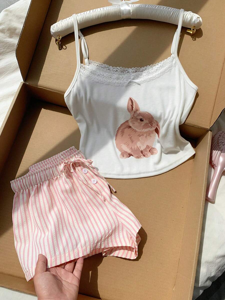 Comfortcana Conjunto de dos piezas casual para uso diario de mujer con top de tirantes y shorts con patchwork de encaje y estampado de dibujos animados - Rosa - Ver 1
