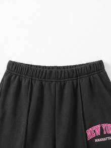 SHEIN Girlism Tween女孩秋冬休閒運動保暖內裡加厚運動衫套裝，紐約印花，寬鬆圓領套頭衫，寬腿運動長褲，灰色 - 深灰色 - 查看 3