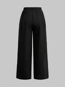 Girlism 青少年女孩休閒梭織紋理蝴蝶結寬鬆寬腿長褲 2件套，休閒度假風 - 黑與白 - 查看 6