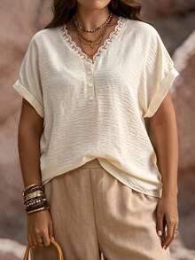 Linhara CURVE Plus Size Women's Solid Color Contrast Lace Trim Short Sleeve Blouse, Summer Casual Loose Fit Shirt - Apricot - View 7