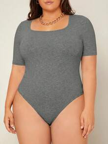 SHEIN BASICS 大尺碼純色圓領連身衣女款夏季穿搭 - 灰色 - 查看 4