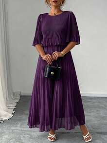 Elenzga Plus Size Solid Color Elegant Chiffon Pleated Dress For Spring And Summer - Purple - View 1