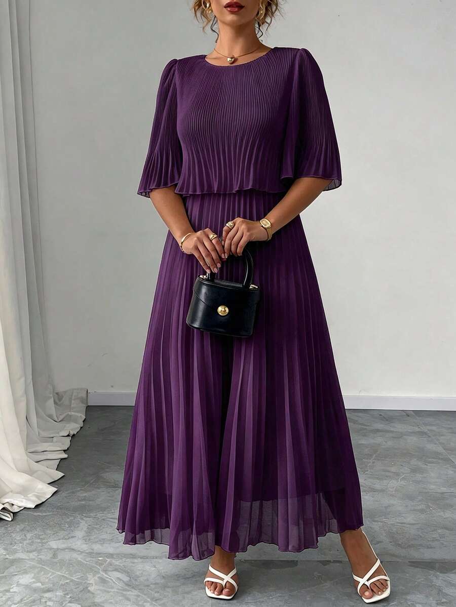 Elenzga Plus Size Solid Color Elegant Chiffon Pleated Dress For Spring And Summer - Purple - View 1