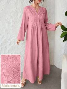 Al Najma Notched V-Neck Embroidered Patchwork Textured Solid Color Arabian Dress - Pink - View 1