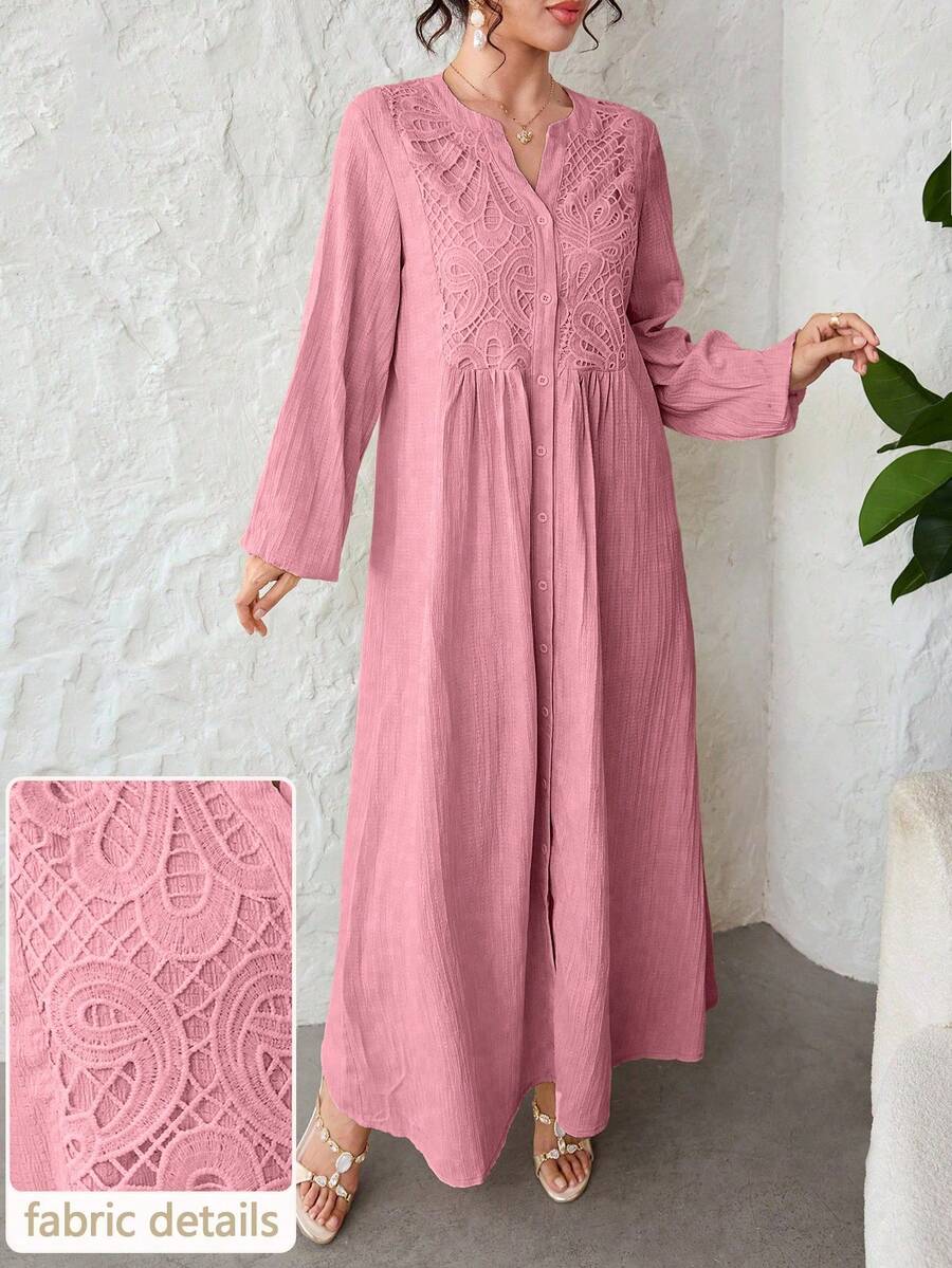 Al Najma Notched V-Neck Embroidered Patchwork Textured Solid Color Arabian Dress - Pink - View 1