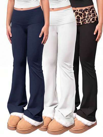 SHEIN Conjunto de 3 pantalones para niñas preadolescentes, primavera/verano, nueva moda casual, azul marino & blanco, estampado de leopardo, cintura elástica, unicolor, patchwork, estampado de leopardo, pantalones largos acampanados, cintura elástica, leggings deportivos acampanados, estilo americano vintage versátil