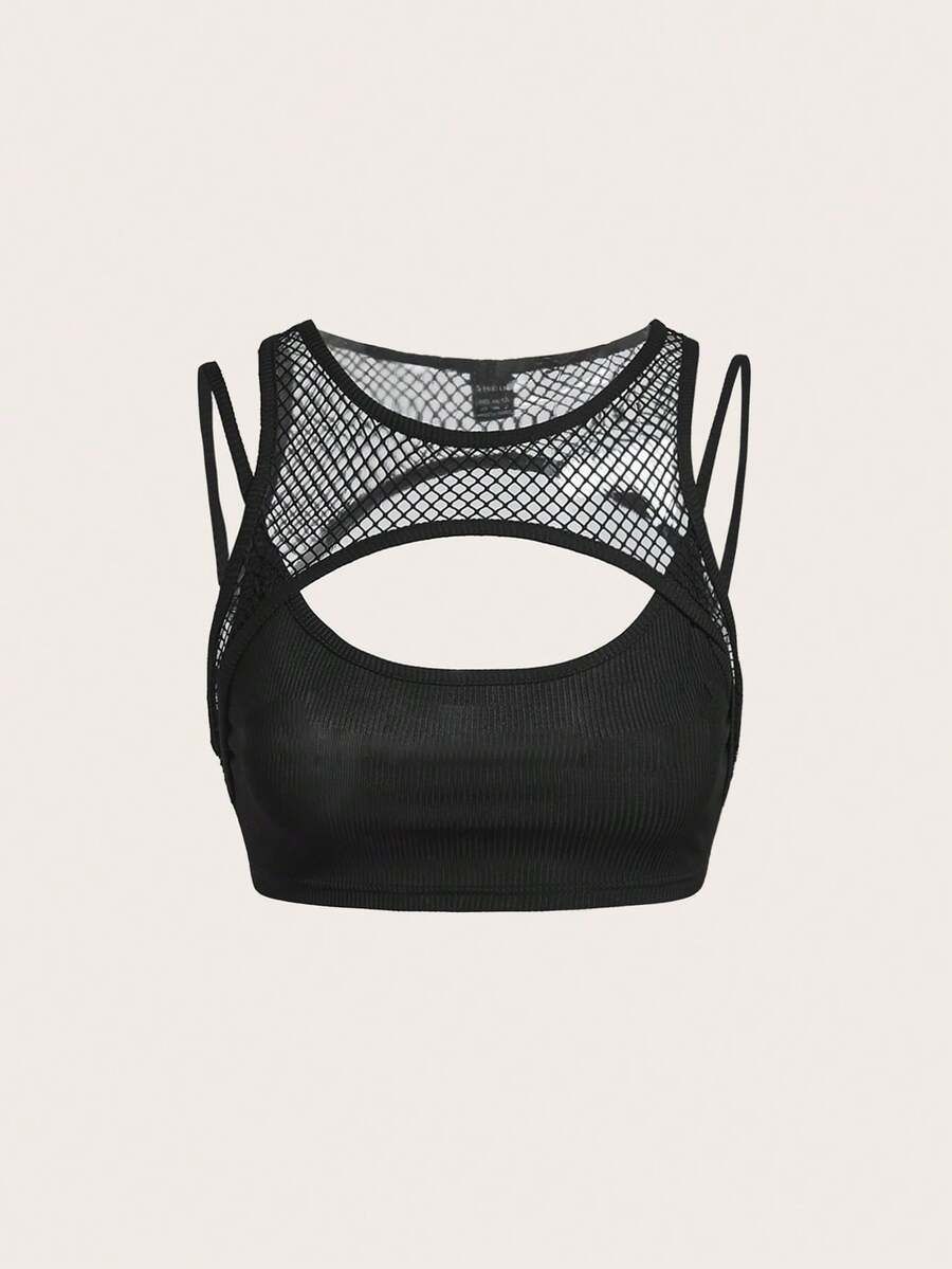 SHEIN ICON 前鏤空假兩件短款背心 - 黑色 - 查看 1