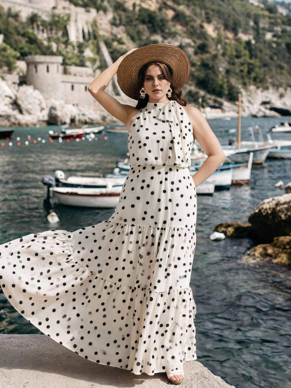 Women's Elegant Polka Dot Print Tie Collar Layered Maxi Dress,Black And White,Summer,1920s Flapper,Tea Party,Plus Size Fashion For Beach & Office