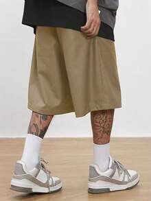 TOKVUE Loose Men's Shorts With Letter Patchwork And Drawstring Waist - Khaki - View 4