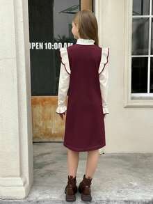 SHEIN Serisse Kids Tween Girl 3D Bow Decor Ruffle Flare Cuff Sweater Autumn Dress - Burgundy - View 5